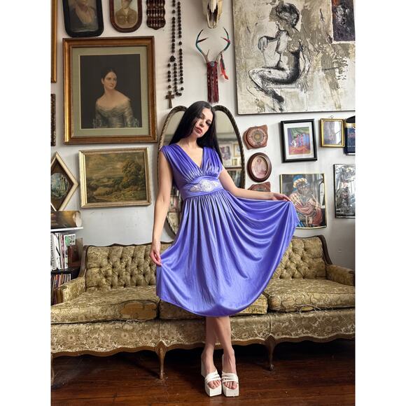 80s Vintage Purple Beaded Draped Dress Size Medium - Picture 5 of 10